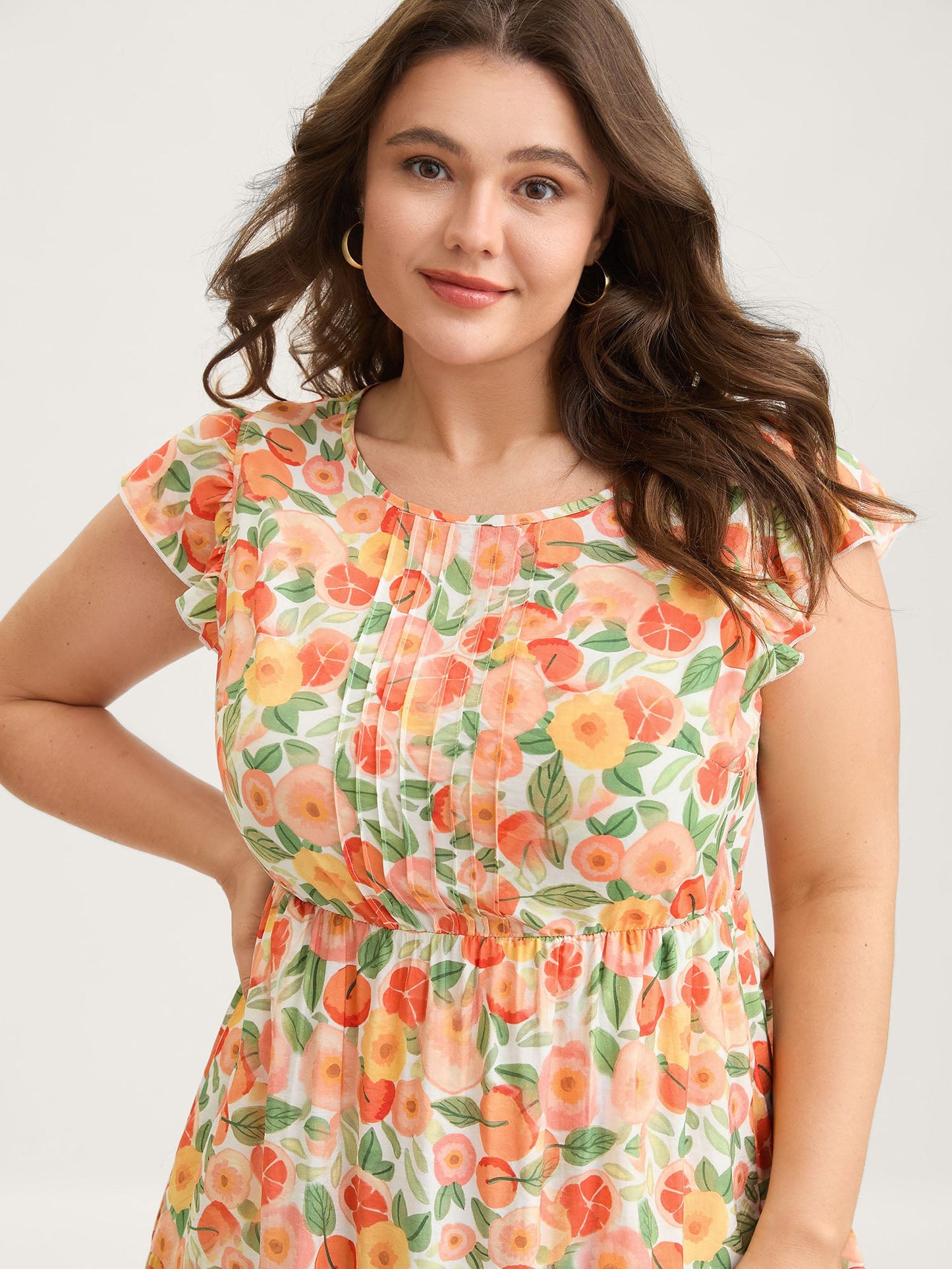 Citrus Print Pleated Flutter Sleeve Midi Dress