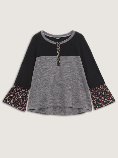 Floral Print Flared Sleeve Contrast Sweatshirt