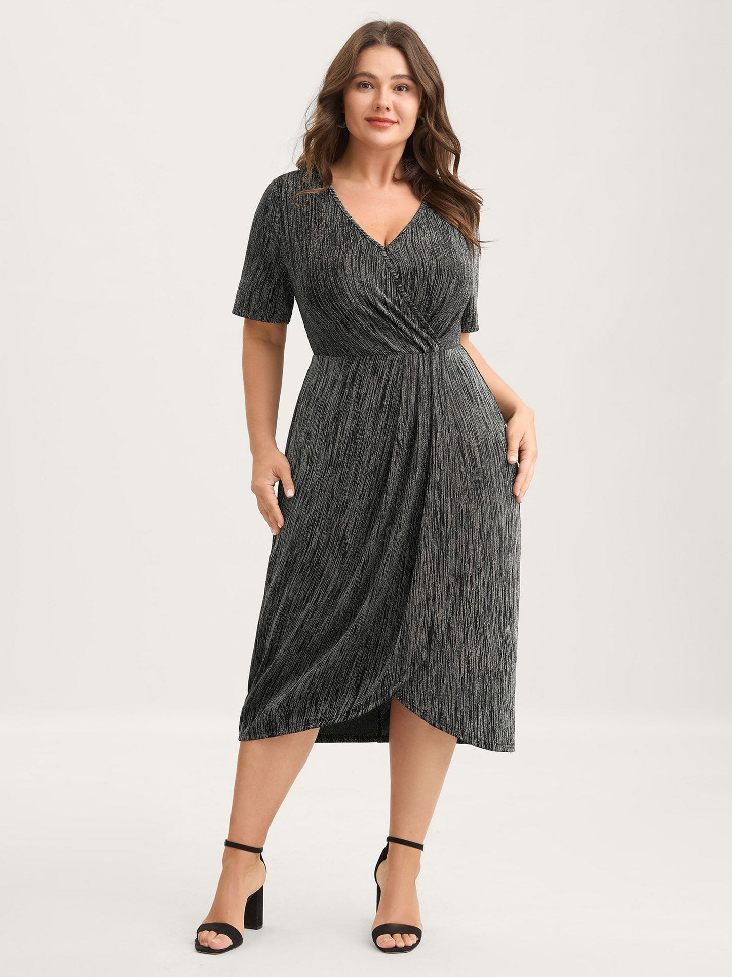 Stretchy Asymmetrical Hem Surplice Midi Dress