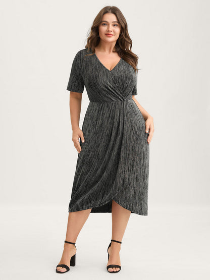 Stretchy Asymmetrical Hem Surplice Midi Dress