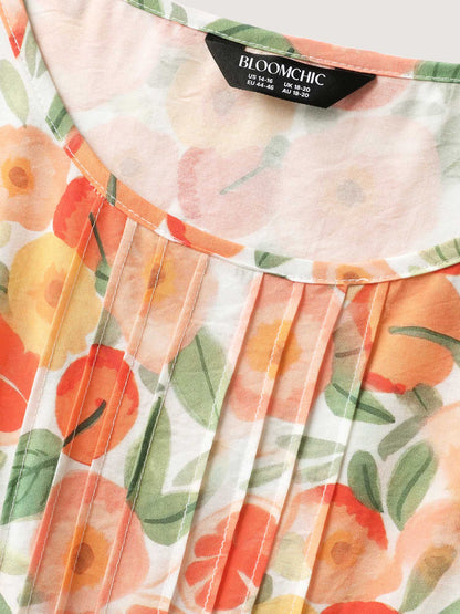 Citrus Print Pleated Flutter Sleeve Midi Dress