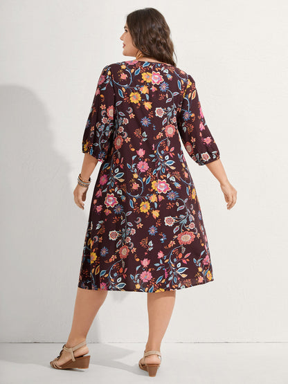 Rayon Boho Floral Placket Midi Dress