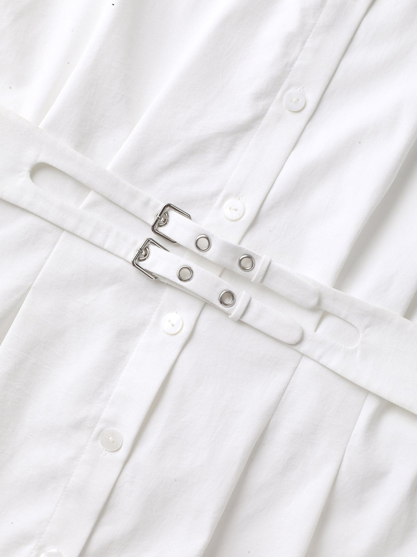 Double Belt Waist-Cinched Shirred Blouse