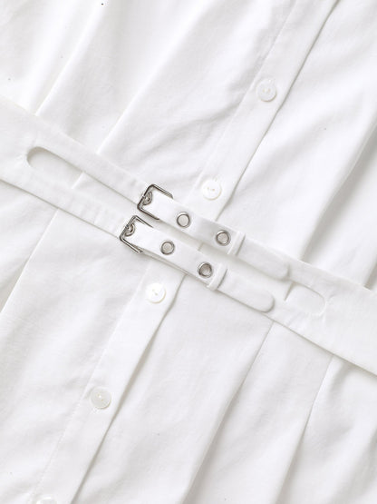 Double Belt Waist-Cinched Shirred Blouse