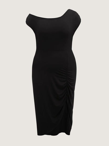 One Shoulder Ruched Split Hem Midi Dress