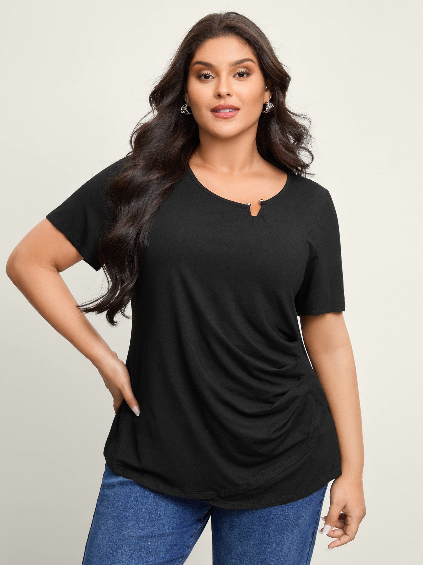 Supersoft Neckline Metal Cuff Pleated Solid Top