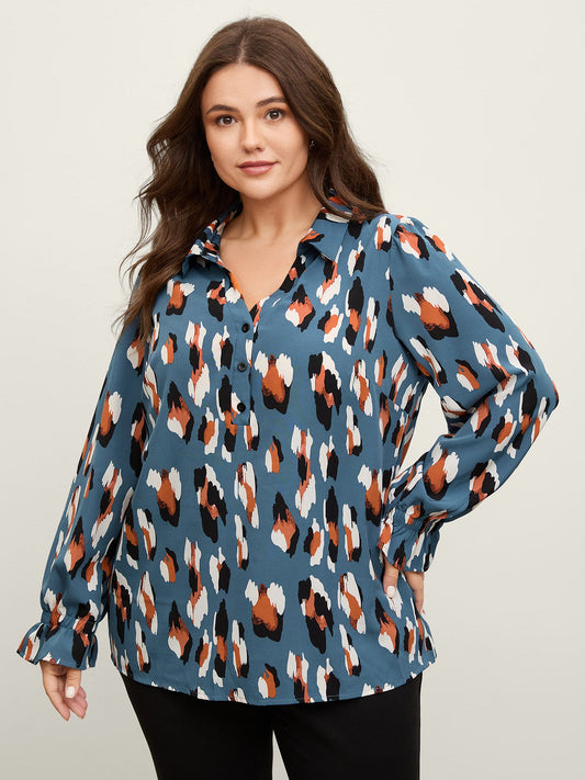 Colorful Leopard Stretchy Cuffs Lapel Collar Blouse