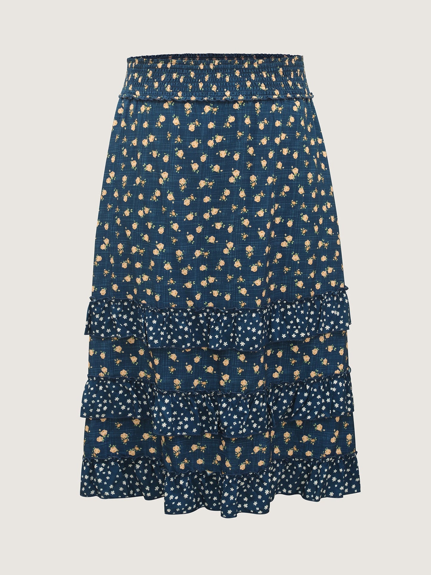 Floral Print Tiered Shirred Waist Midi Skirt