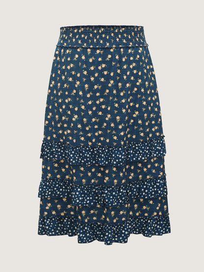 Floral Print Tiered Shirred Waist Midi Skirt