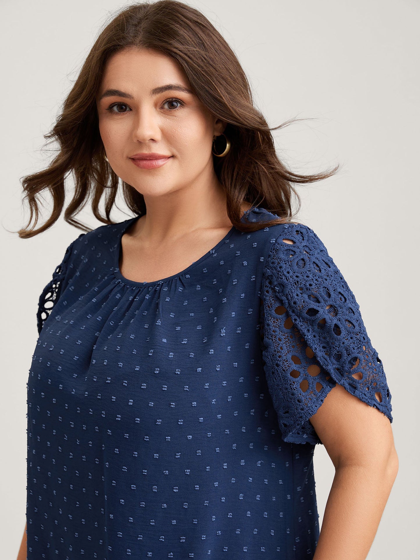 Textured Lace Petal Sleeve Pleated Neck Blouse