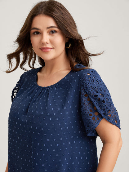 Textured Lace Petal Sleeve Pleated Neck Blouse