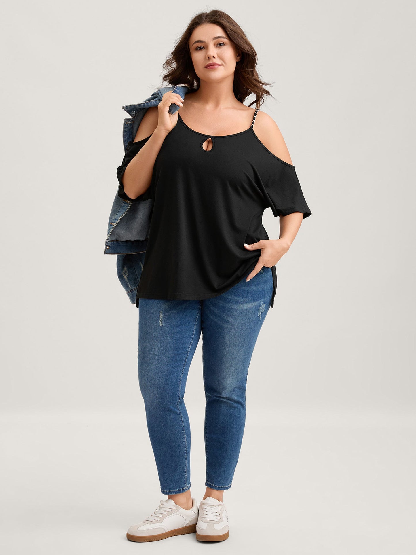 Off-Shoulder Metallic Detail Flowy T-Shirt