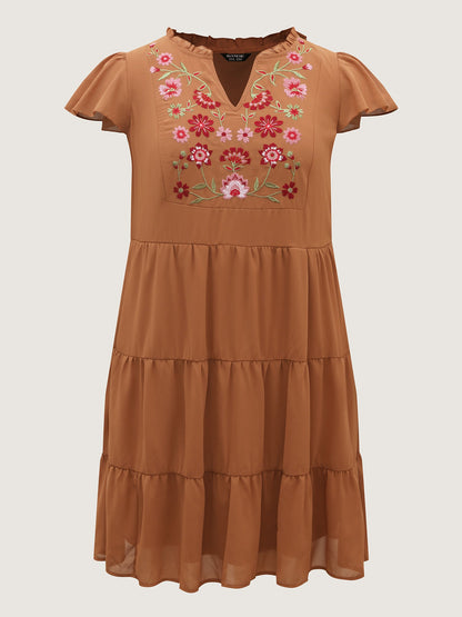 Chiffon Floral Embroidered Tiered Midi Dress