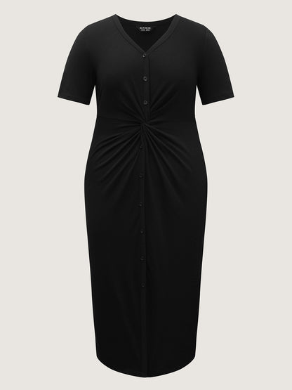 Twist Front Button Slit Midi Dress