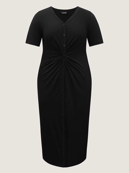 Twist Front Button Slit Midi Dress