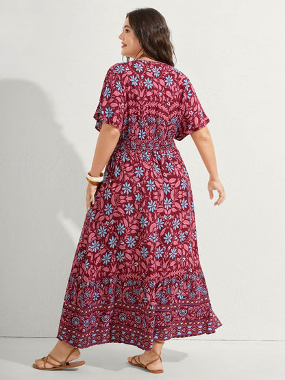 Rayon Boho Floral Shirred Waist Midi Dress