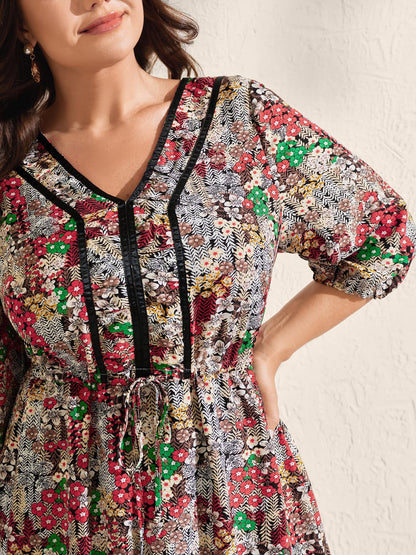 Floral Print Drawstring Waist Pockets Midi Dress