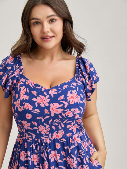 Rayon Silhouette Flower Ruffled Sleeve Midi Dress
