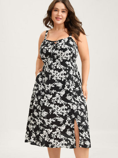 Floral Print Neck Tie Midi Dress