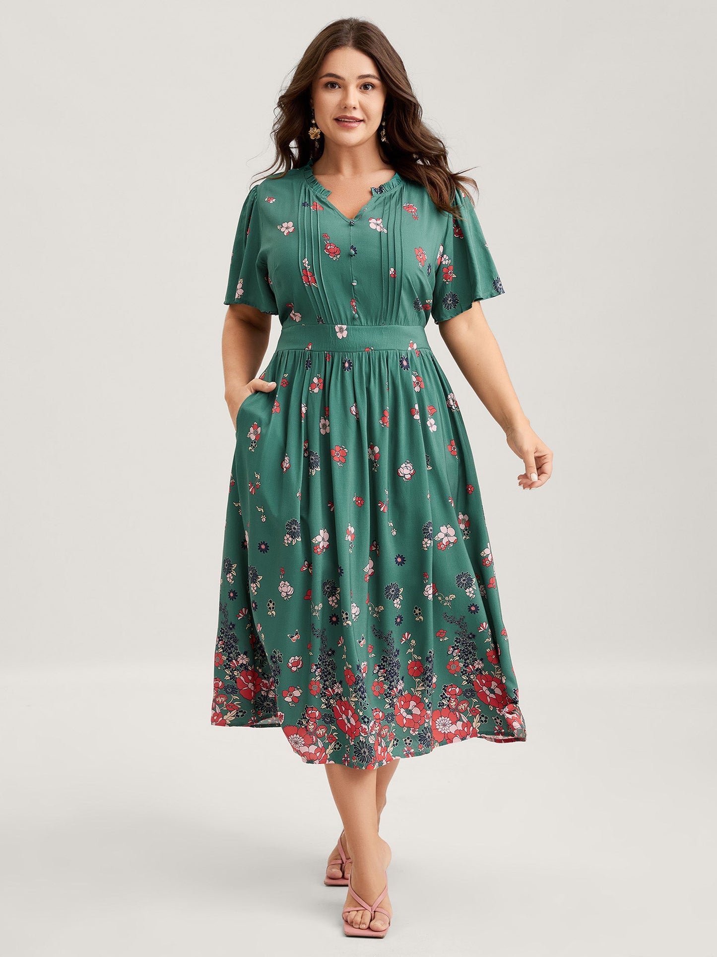Floral Pleated Notched Collar Midi Dress
