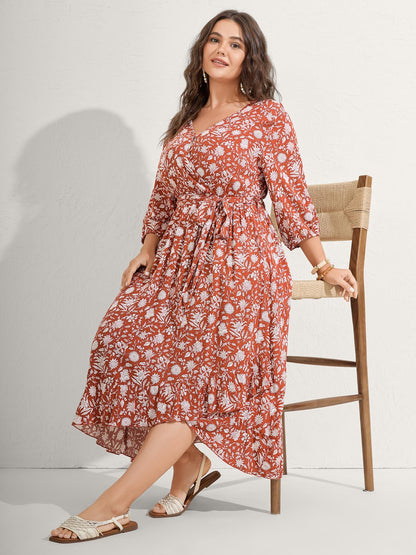 Rayon Silhouette Flower Side-Tie Midi Dress
