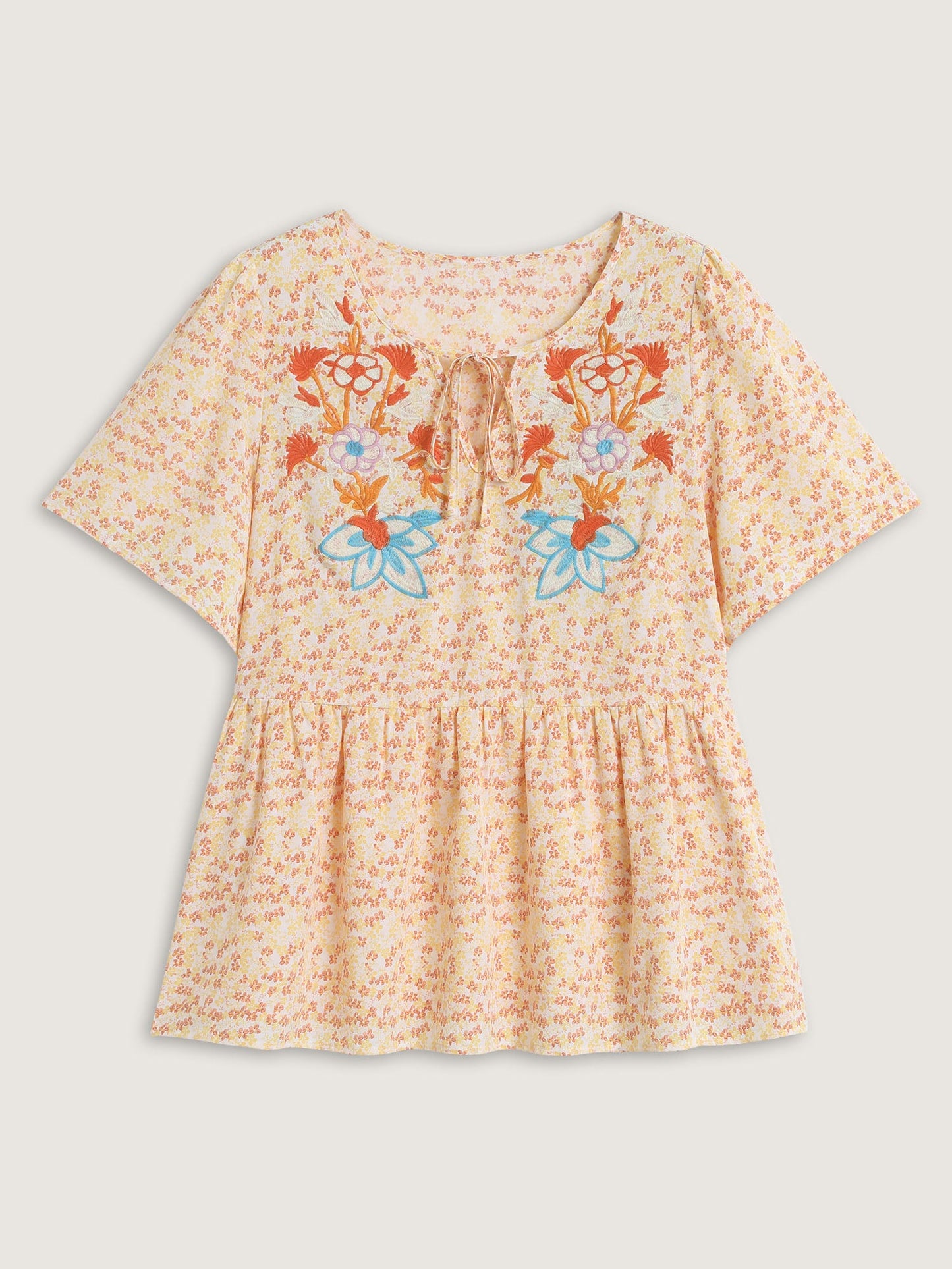 Floral Embroidery Neck Tie Blouse