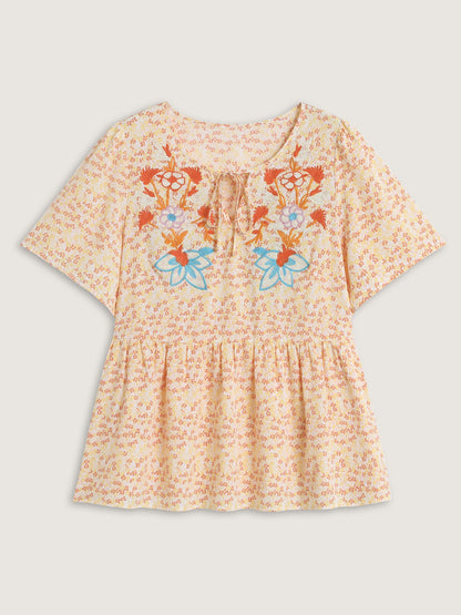 Floral Embroidery Neck Tie Blouse