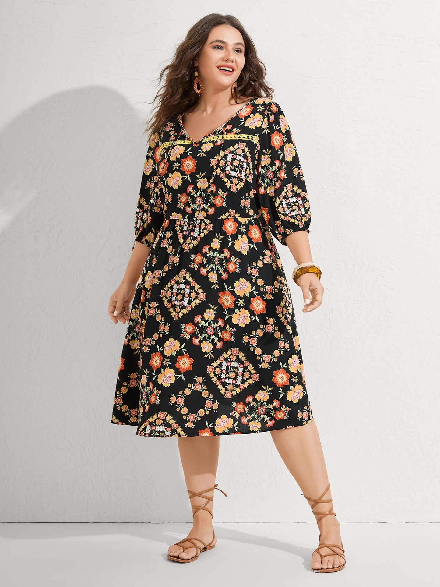 Boho Print Waist Stretchy Midi Dress