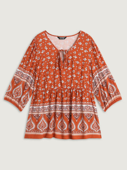 Floral Print Neck Tie Flared Blouse