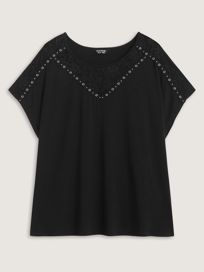 Lace Trim Sheer Solid T-Shirt