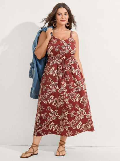 Floral Waist-Tie Pockets Midi Dress