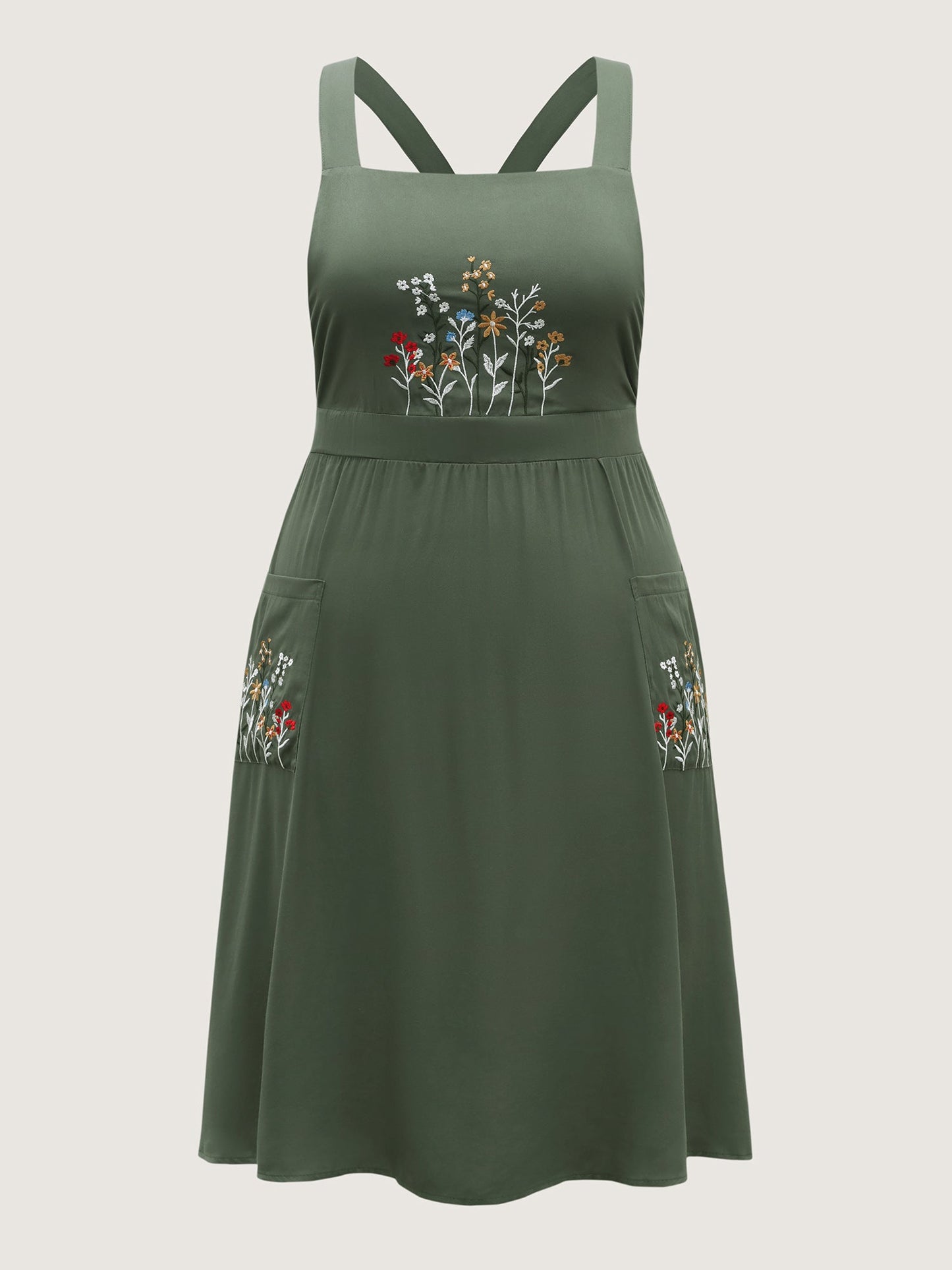 Rayon Floral Embroidery Stretchy Waist Midi Dress