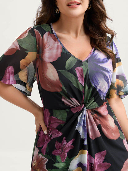 Large Floral Print Twist Front Midi Dress