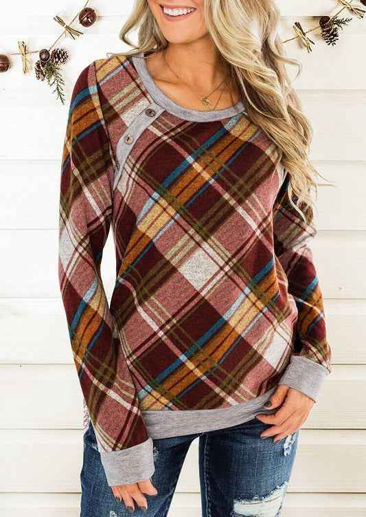 Round Collar Button Plaid Long Sleeve T-shirt