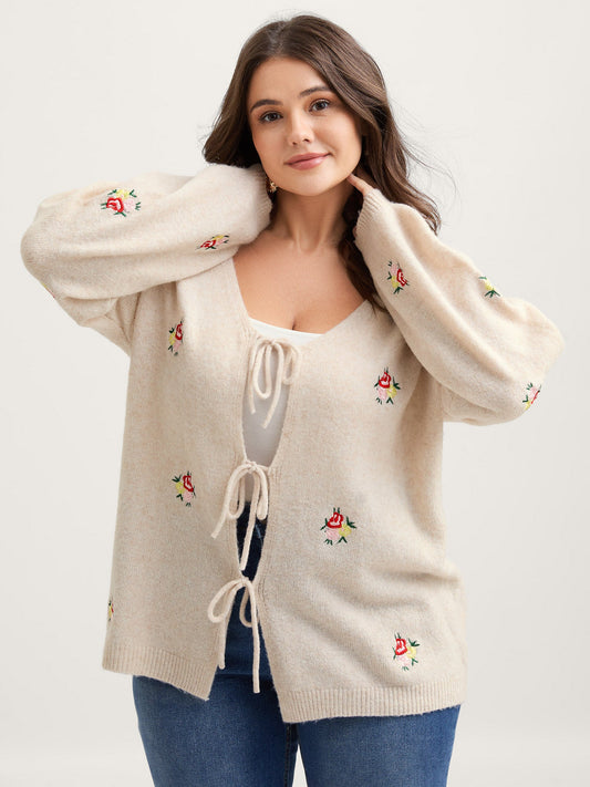 Supersoft Floral Embroidery Front Triple Tie Knit Cardigan
