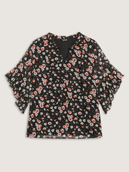 Chiffon Floral Ruffled Sleeve Blouse