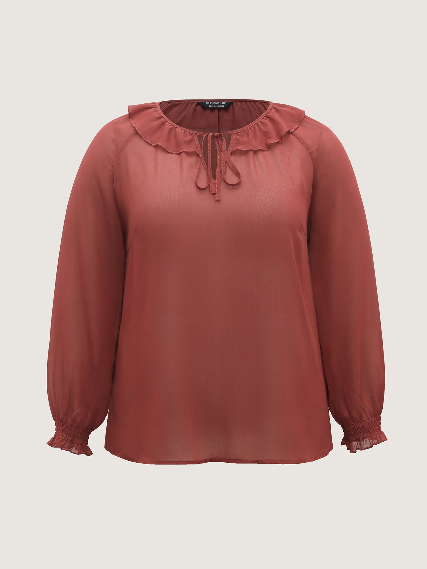 Sheer Ruffled Neck Flowy Solid Blouse