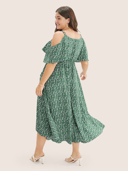 Ditsy Floral Pocket Wrap Cold Shoulder Ruffle Dress