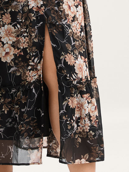 Chiffon Floral Print Tiered Slit Midi Dress