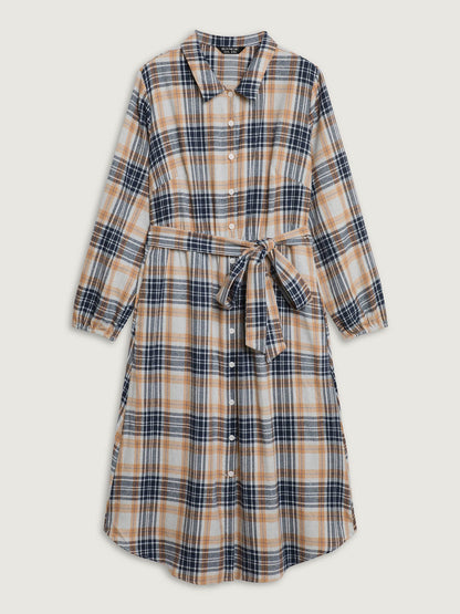 Plaid Print Belted Waist-Defining Midi Dress