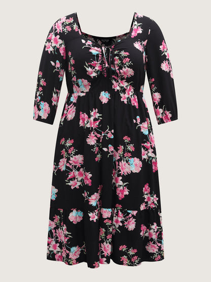 Floral Adjustable Bust Drawstring Midi Dress