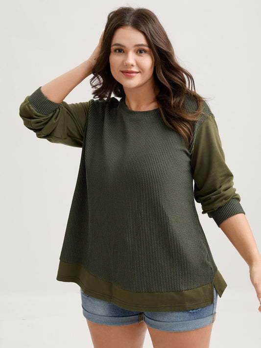 Textured Pit Strip Round Neck Sweatshirt