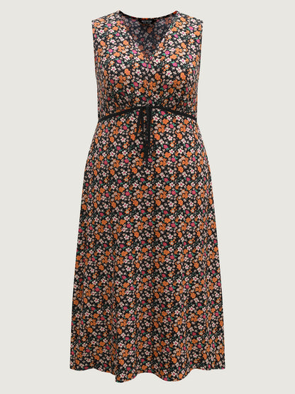 Floral Waist Tie Side Pockets Midi Dress
