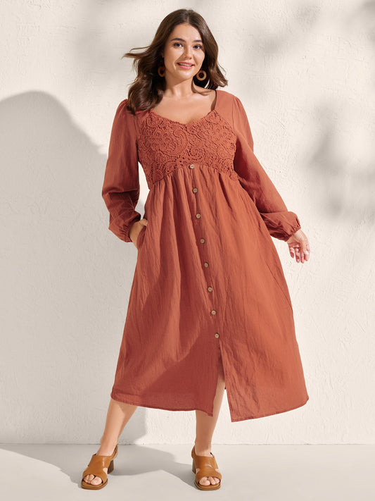 Lace Bodice Puffy Sleeve Button Midi Dress