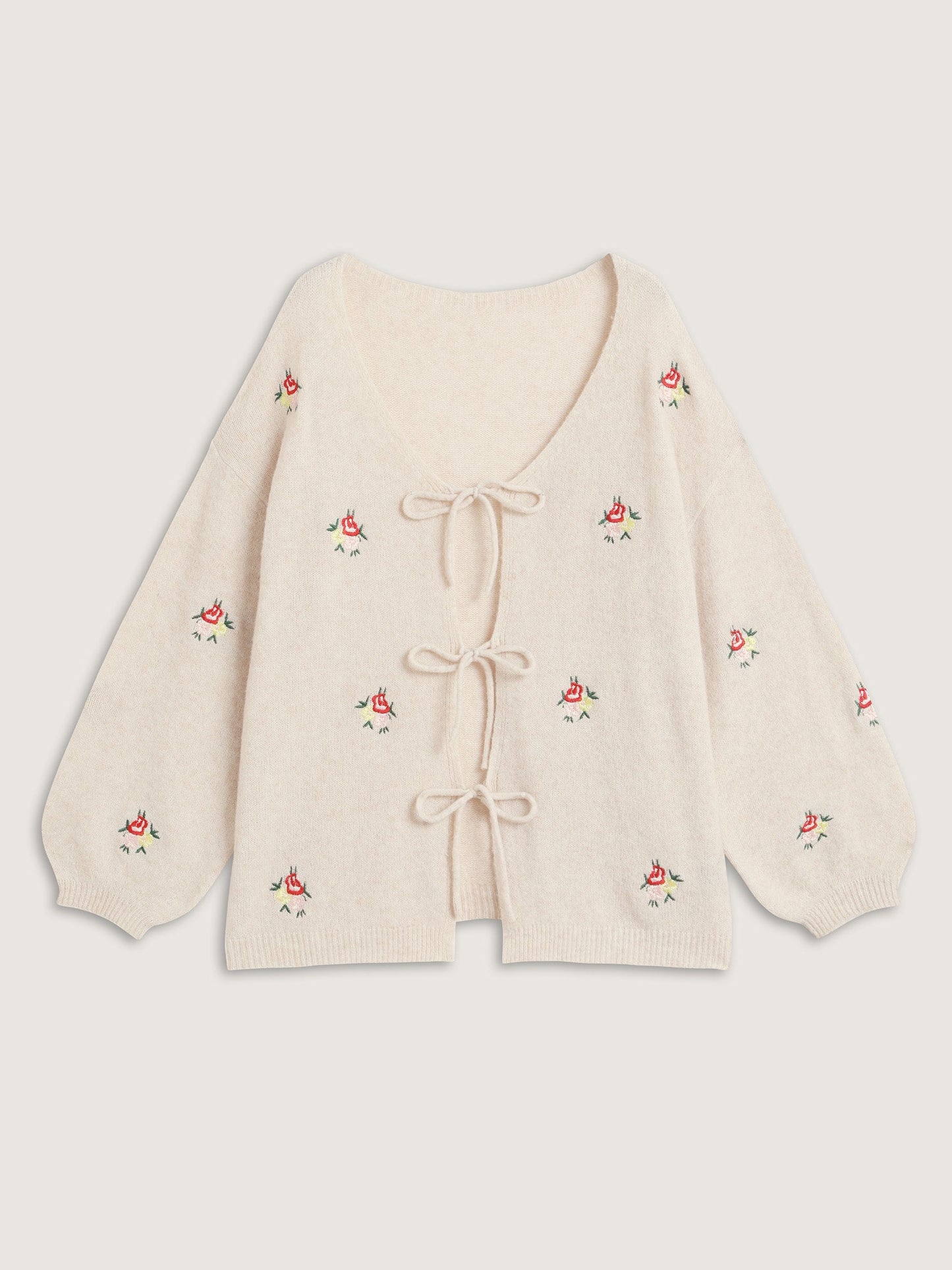 Supersoft Floral Embroidery Front Triple Tie Knit Cardigan