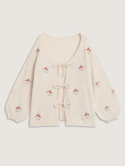 Supersoft Floral Embroidery Front Triple Tie Knit Cardigan