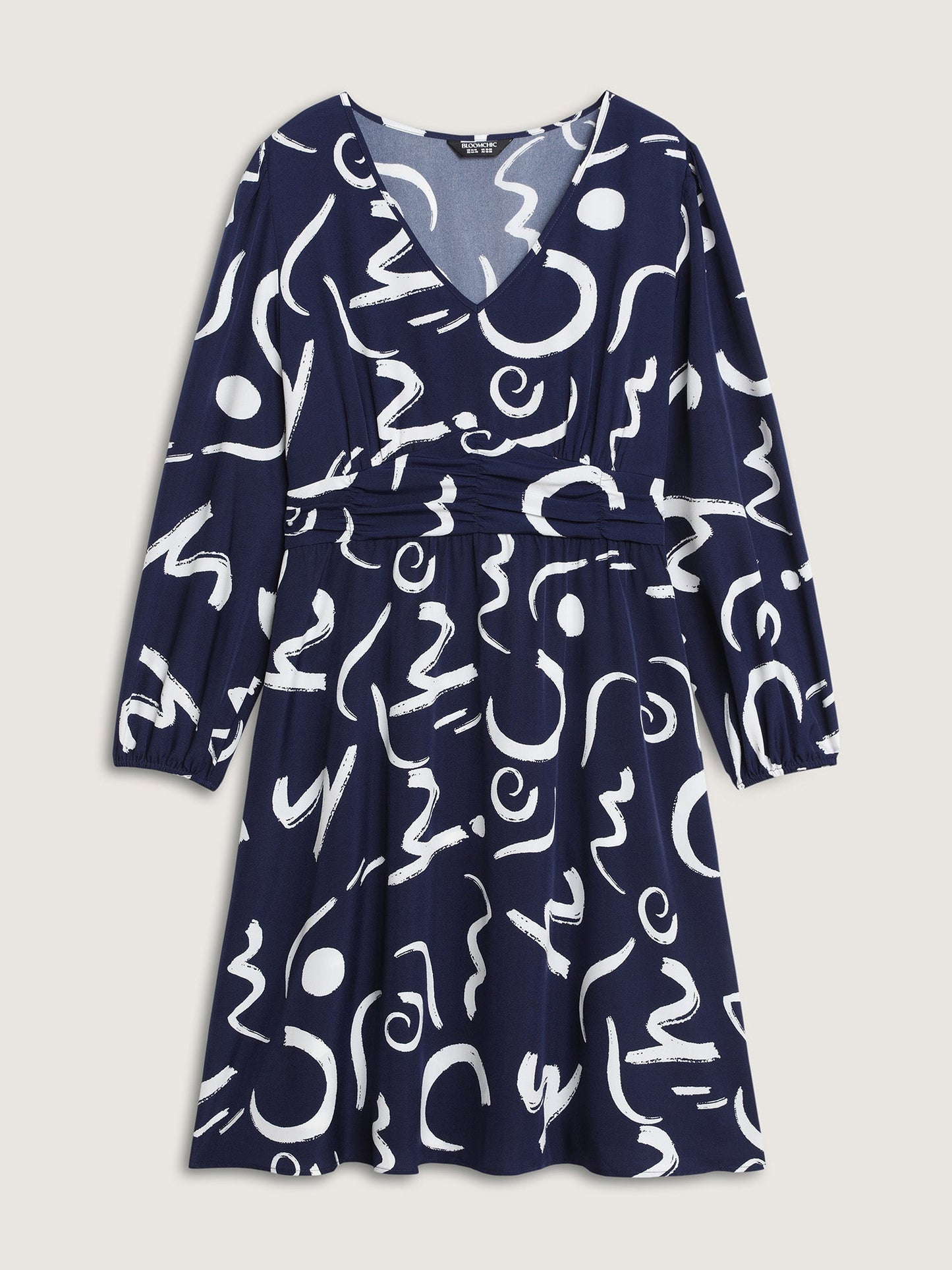 Scribble Print Pleated Cinched Waist Midi Dress