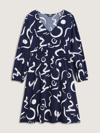 Scribble Print Pleated Cinched Waist Midi Dress
