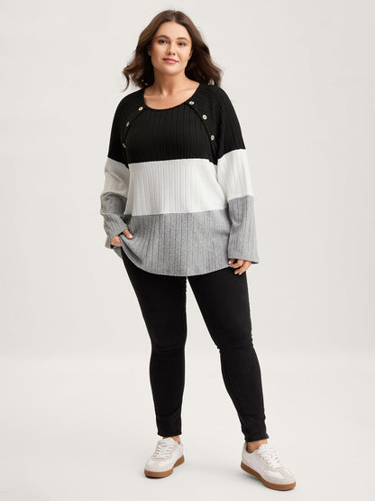Monochrome Stripes Shoulder Button T-Shirt
