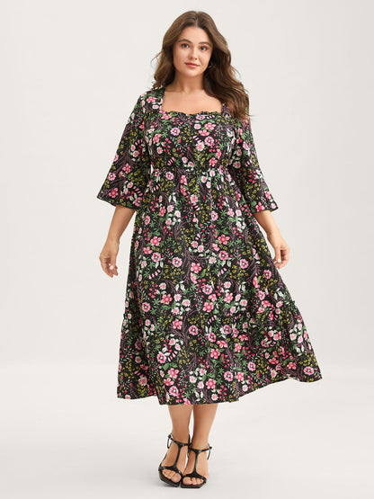 Floral Ruffled Square Neck Midi Dress